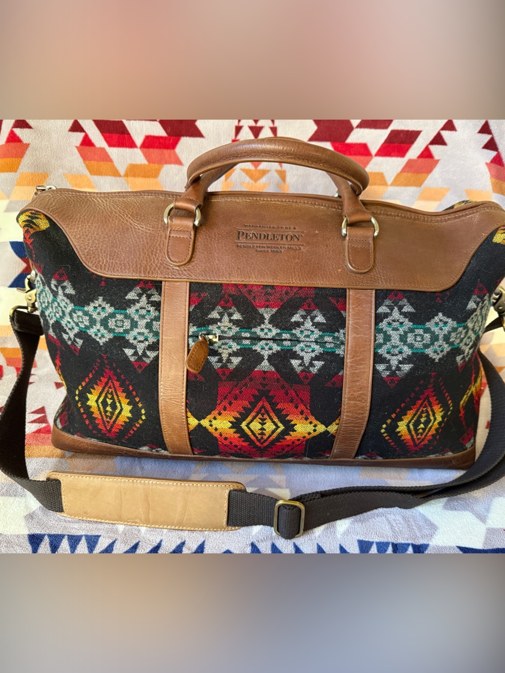 Pendleton Wool Patterned Leather-Trim Weekender Bag